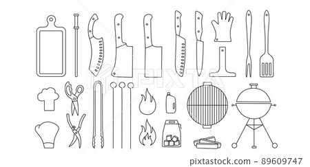 Barbecue, grill tools outline set. Editable stroke. Vector stock illustration isolated on white background for design packaging, logo, menu in restaurant. EPS10 Barbecue, grill tools outline set. Editable stroke. Vector stock illustration isolated on white background for design packaging, logo, menu in restaurant. EPS10 89609747