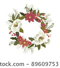 Colorful vintage wreath with wild flowers and leaves. White and red plants for decorative design. 89609753