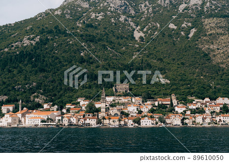 View from the sea to the Church of St. Nicholas on the coast of Perast. Montenegro 89610050