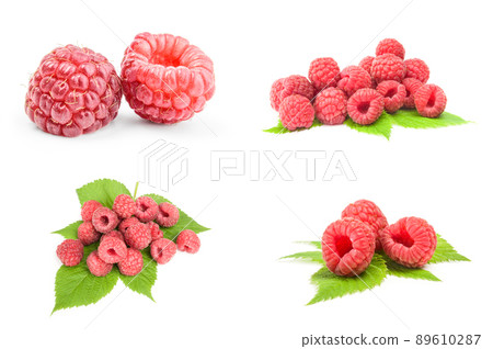 Collection of raspberries with leaves on white Collection of raspberries with leaves on white 89610287