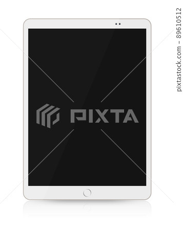 Tablet blank screen. Portable gadget. Digital technology. Front view of electronic device with black copy space mockup display isolated on white advertising background. Tablet blank screen. Portable gadget. Digital technology. Front view of electronic device with black copy space mockup display isolated on white advertising background. 89610512