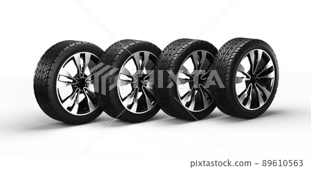 Four car wheels isolated on white background, in a row. 3D rendering illustration. 89610563