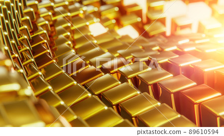 Wave structure of gold cubes with glare and radiance. 3D rendering illustration. Wave structure of gold cubes with glare and radiance. 3D rendering illustration. 89610594