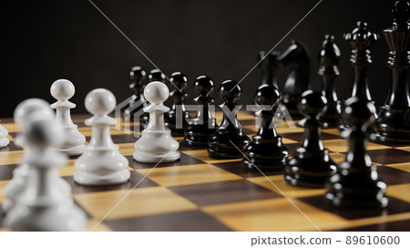Black and white chess pieces on a chessboard. 3D rendering illustration. 89610600