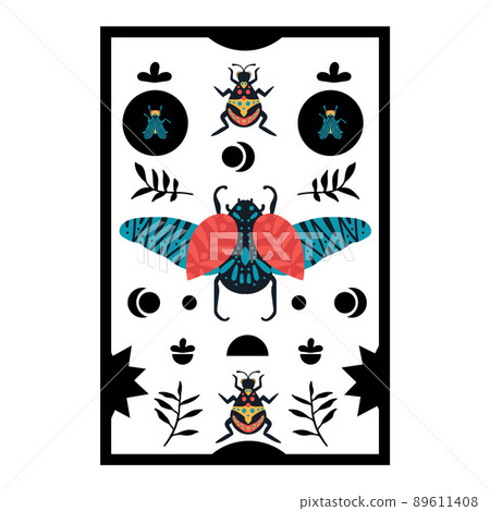 Poster with cartoon insects. Tropical postcard with the image of beetles, dragonflies, flies. Illustration for decoration with insects and natural elements. 89611408