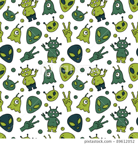 Aliens, unidentified flying object UFO vector green seamless pattern 89612052