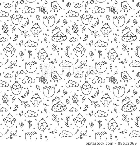 Easter vector seamless pattern with chickens and flowers 89612069
