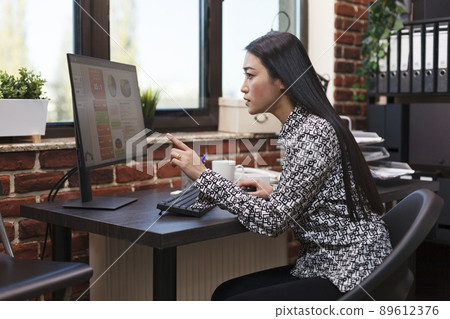 Focused financial agency businesswoman reviewing startup management plan chart and project marketing strategy. Finance company employee analyzing startup audit results while in modern workspace. 89612376