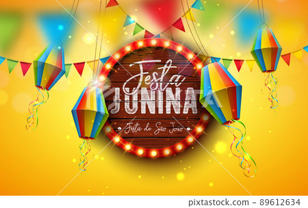 Festa Junina Illustration with Party Flags, Paper Lantern and Light Bulb Billboard Letter with Wood Background. Vector Brazil Sao Joao June Festival Design for Greeting Card, Banner or Holiday Poster. 89612634