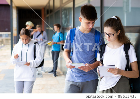 Two teen schoolmates talking near college during break Two teen schoolmates talking near college during break 89613435