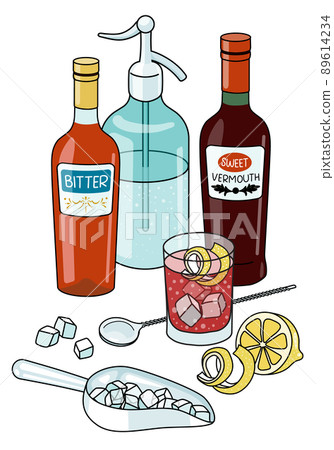 Stylish hand-drawn doodle cartoon style americano cocktail composition. A Italian orange bitter, red sweet vermouth, a siphon of soda water. Goof for bar menu, cook book recipe, stickers or cards. 89614234