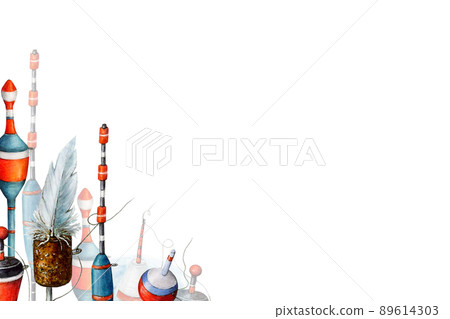 Fishing floats banner, bright elements from different floats for catching fish with a fishing rod, for design, postcards, stickers, scrapbooking, posters, prints 89614303