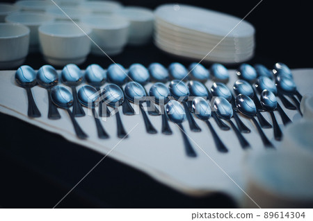 Many cleaning dessert spoon on kitchen.Concept of 89614304