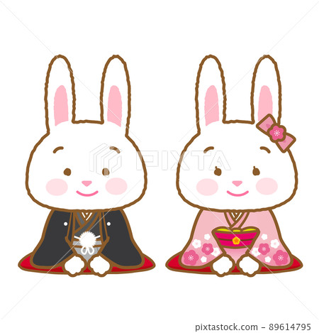 Illustration material: Cute zodiac series in kimono, year of the rabbit / with main line, a male and female couple greeting in a sitting position in Japanese clothes 89614795