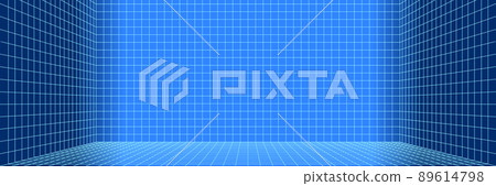 Blue and white 3d digital one point perspective grid room Blue and white 3d digital one point perspective grid room 89614798