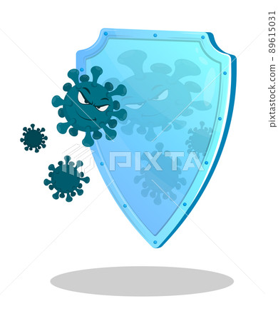 Cartoon viruses are trying to break through defense. Shield, barrier against bacteria and dangerous microorganisms. Vector isolated on white background Cartoon viruses are trying to break through defense. Shield, barrier against bacteria and dangerous microorganisms. Vector isolated on white background 89615031
