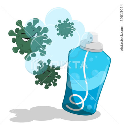 Cartoon evil viruses die in clouds of disinfectant. Treatment of premises from dangerous microorganisms, prevention of spread of diseases. Vector isolated on white background Cartoon evil viruses die in clouds of disinfectant. Treatment of premises from dangerous microorganisms, prevention of spread of diseases. Vector isolated on white background 89615034