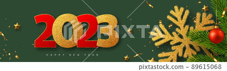 2023 Happy New Year banner. Glitter golden snowflake with tinsel, pine branches, red bauble and glitter numbers on green background. Vector illustration. 2023 Happy New Year banner. Glitter golden snowflake with tinsel, pine branches, red bauble and glitter numbers on green background. Vector illustration. 89615068