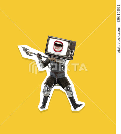 Contemporary art collage with medieval knight, warrior with retro tv set instead head in motion over yellow background. Vintage, surrealism, art concept 89615091