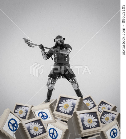 Contemporary art collage with medieval knight, warrior in action over grey background. Vintage, surrealism, art concept Contemporary art collage with medieval knight, warrior in action over grey background. Vintage, surrealism, art concept 89615105