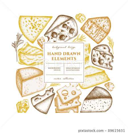 Cheese square card or invitation design. Frame design with brie, gouda cheese, roquefort, etc. 89615631