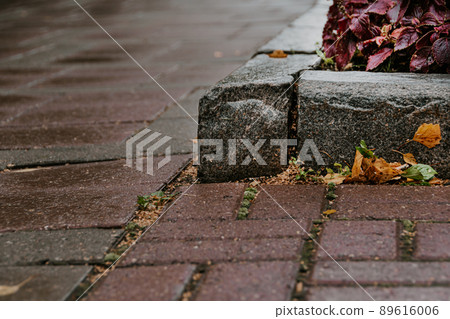 Cobblestone stone sidewalk with flower bed. Landscaping of town, ensuring safety of pedestrians. Accessible environment and environmental friendliness of city. Old cobblestones form atmosphere of 89616006