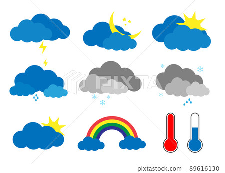 Weather icons. Symbols of rain, clouds,rainbow, snow,sun, hot and cold temperature. Meteo forecast icons vector set. Weather icons. Symbols of rain, clouds,rainbow, snow,sun, hot and cold temperature. Meteo forecast icons vector set. 89616130