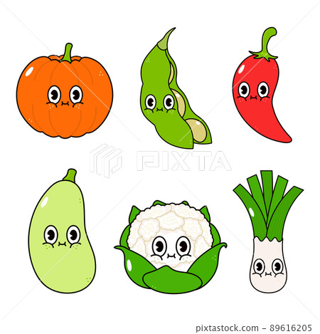 Funny cute happy vegetables characters bundle set. Vector hand drawn cartoon kawaii character illustration icon. Isolated on background. Pumpkin, beans, chilli, vegetable marrow, cauliflower, leek 89616205