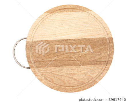 Round wooden beech cutting board with handle isolated on white background, top view Round wooden beech cutting board with handle isolated on white background, top view 89617640