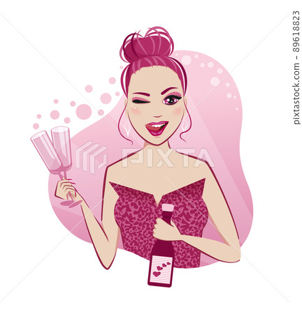 Cute, mischievous girl winks and offers to drink champagne, vector illustration in pink colors 89618823