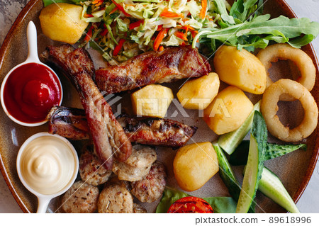 Horizontal photo of tasty food laying on clay Horizontal photo of tasty food laying on clay 89618996