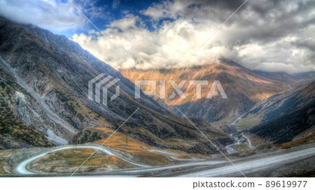 serpentine road to Barskoon pass, river and gorge and Sarymoynak pass, Jeti-Oguz, Kyrgyzstan 89619977