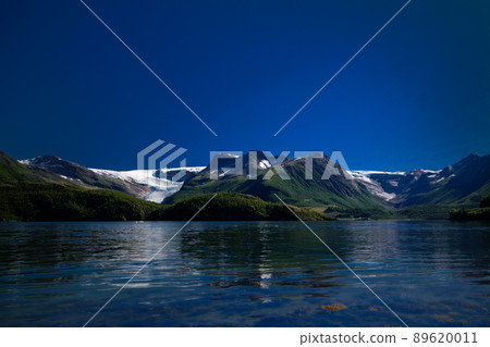 Panorama view to Nordfjorden and Svartisen glacier, Meloy, Norway 89620011