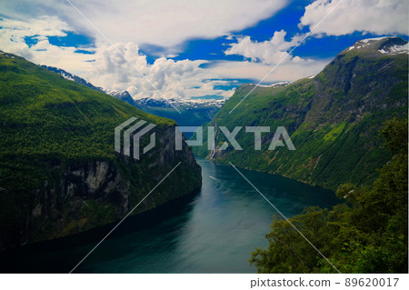 Aerial panorama view to Geiranger fjord from Trollstigen, Norway 89620017