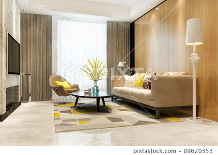 3d rendering loft luxury living room with bookshelf  89620353