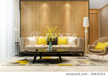 3d rendering loft luxury living room with bookshelf  89620354