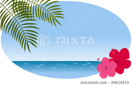 芙蓉花和棕櫚葉,藍色的大海 芙蓉花和棕櫚葉,藍色的大海 89620819