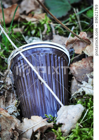 Stacked two black plastic coffee cups left in the forest lying on dry leaves and green grass on the ground surface 89621769