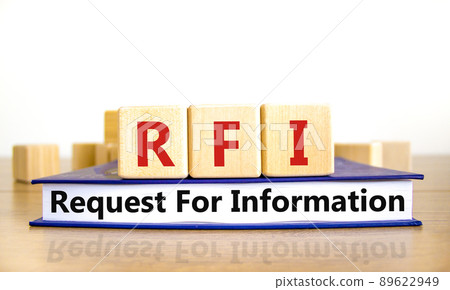 RFI request for information symbol. Concept words RFI request for information on wooden cubes on book on a beautiful white background. Business RFI request for information concept. Copy space. 89622949