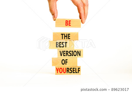 Motivational and inspirational symbol. Wood blocks with words Be the best version of yourself. Beautiful white background Businessman hand. Business motivational and inspirational concept. Copy space. Motivational and inspirational symbol. Wood blocks with words Be the best version of yourself. Beautiful white background Businessman hand. Business motivational and inspirational concept. Copy space. 89623017