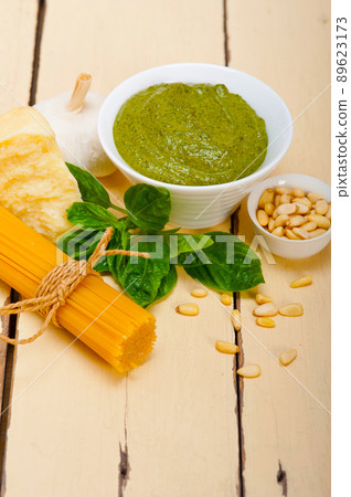 Italian traditional basil pesto pasta ingredients Italian traditional basil pesto pasta ingredients 89623173