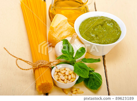 Italian traditional basil pesto pasta ingredients Italian traditional basil pesto pasta ingredients 89623189