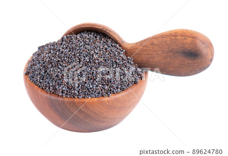 Poppy seeds in wooden bowl and spoon, isolated on white background. Organic spice blue confectionery poppy. Poppy seeds in wooden bowl and spoon, isolated on white background. Organic spice blue confectionery poppy. 89624780
