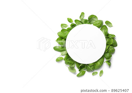 Green basil leaves and blank card on white background, top view. Space for text Green basil leaves and blank card on white background, top view. Space for text 89625407