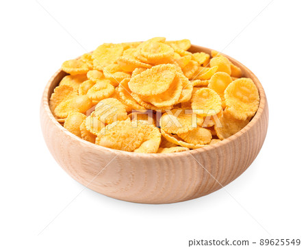 Bowl of tasty corn flakes on white background Bowl of tasty corn flakes on white background 89625549