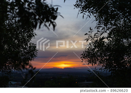 Sunset. Sunset with high clouds leaving the sky orange and blue. Backlight of the leaves and branches of the trees in a park in Madrid, in Spain. Europe. Horizontal photography. 89626620