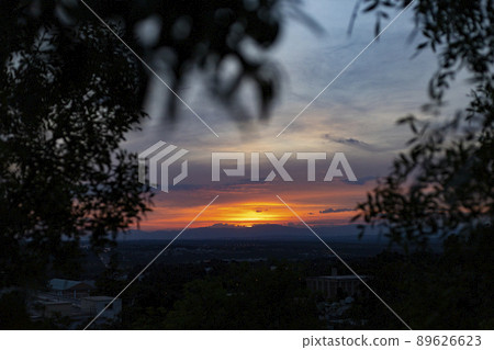 Sunset. Sunset with high clouds leaving the sky orange and blue. Backlight of the leaves and branches of the trees in a park in Madrid, in Spain. Europe. Horizontal photography. 89626623