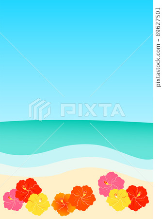 Illustration of blue sky beach and hibiscus flowers Illustration of blue sky beach and hibiscus flowers 89627501