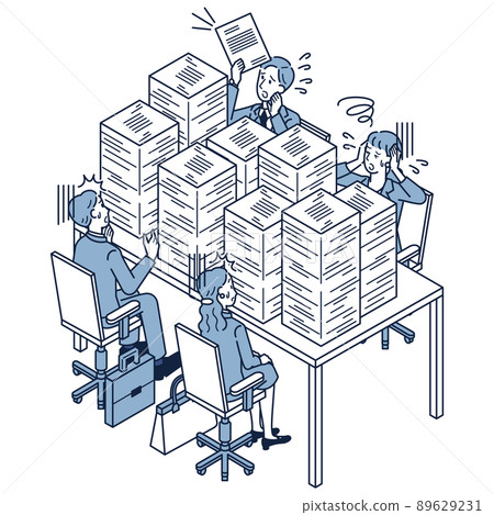 Business people in the office who are having trouble with a pile of paper documents 89629231