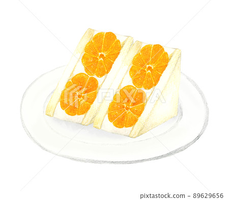 盤子上的橘子水果三明治糖果咖啡館菜單手繪水彩插圖素材 89629656
